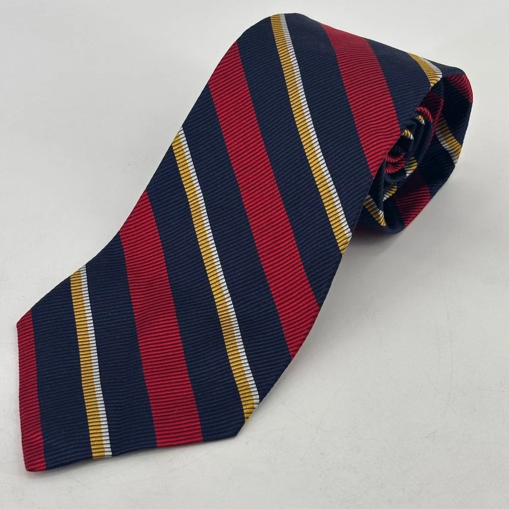 Lauren Ralph Lauren Tie Mens OS Navy Red Gold Silk Cotton Rep Stripe Made in USA